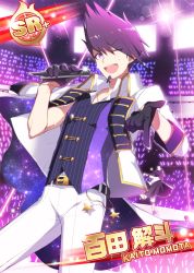 Rule 34 | 10s, 2boys, beard, black gloves, card (medium), card parody, character name, crowd, danganronpa (series), diffraction spikes, facial hair, gloves, glowstick, idolmaster, idolmaster side-m, jacket, jacket on shoulders, looking at viewer, male focus, microphone, momota kaito, multiple boys, music, negitoros, danganronpa v3: killing harmony, one eye closed, open mouth, oma kokichi, pants, parody, pointing, pointing at viewer, purple eyes, purple hair, short hair, singing, sleeveless, solo focus, space print, spiked hair, starry sky print, sweat