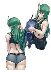 Rule 34 | 2girls, absurdres, arknights, ass, bare arms, bare shoulders, black pants, blue hair, blush, breast smother, breasts, ch&#039;en (arknights), chinese commentary, commentary request, cowboy shot, cropped legs, dragon horns, face to breasts, from behind, green eyes, green hair, grey shorts, hair between eyes, highres, horns, hoshiguma (arknights), large breasts, long hair, looking at viewer, looking back, low twintails, midriff, multiple girls, multiple views, navel, pants, shizuoxing kof, short shorts, shorts, simple background, single horn, sports bra, standing, thighs, twintails, white background