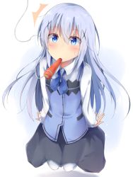 Rule 34 | 1girl, arms at sides, bad id, bad pixiv id, black skirt, blue bow, blue bowtie, blue eyes, blue hair, blue vest, blush, bow, bowtie, buttons, carrot, collared shirt, commentary request, food in mouth, full body, gochuumon wa usagi desu ka?, hair between eyes, hair ornament, hairclip, kafuu chino, kyuukon (qkonsan), long hair, long sleeves, looking at viewer, pantyhose, rabbit house uniform, shadow, shirt, skirt, solo, string, sweatdrop, two-tone background, vest, white pantyhose, white shirt, x hair ornament