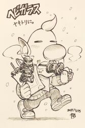 Rule 34 | 1boy, alien, alternate costume, bag, big nose, blush, blush stickers, bow, closed eyes, commentary request, crumbs, dated, eating, food, footwear bow, greyscale, highres, holding, holding bag, holding food, ink (medium), kebab, long sleeves, louie (pikmin), male focus, monochrome, neckerchief, nintendo, no headwear, nose blush, open mouth, pants, pikmin (series), pointy ears, shadow, shoes, short hair, signature, sneakers, snowing, steam, sweater, teeth, traditional media, translation request, very short hair, walking, yamato koara