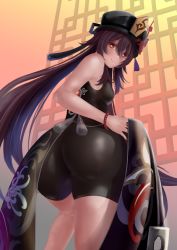 Rule 34 | 1girl, artist request, ass, bare shoulders, black hair, black shorts, blush, breasts, chinese clothes, coat, coattails, come hither, from behind, from below, genshin impact, hat, hat ornament, hu tao (genshin impact), huge ass, long hair, looking at viewer, looking down, naughty face, red eyes, shiny clothes, shiny skin, short shorts, shorts, sideboob, small breasts, smile, solo, twintails, very long hair