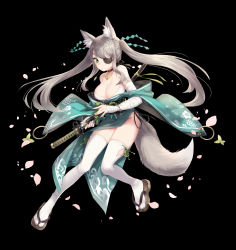 Rule 34 | 1girl, absurdres, animal ear fluff, animal ears, bandaged arm, bandages, bare shoulders, black background, black choker, black panties, bra, breasts, cherry blossoms, choker, cleavage, eyepatch, fox ears, fox girl, fox tail, full body, glint, green eyes, green kimono, highres, holding, japanese clothes, katana, kimono, large breasts, long hair, looking at viewer, mochirong, mouth hold, off shoulder, original, panties, parted lips, petals, sheath, sheathed, shide, shoulder tattoo, side-tie panties, side slit, sidelocks, silver hair, simple background, solo, string bra, sword, tabi, tail, tattoo, thighhighs, thighs, twintails, underwear, weapon, white bra, white thighhighs, wide sleeves