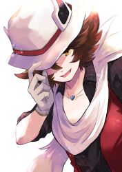 Rule 34 | 1boy, :d, alternate color, black shirt, brown eyes, brown hair, buttons, collared shirt, creatures (company), fangs, game freak, gloves, grey gloves, hand on headwear, hand up, hat, highres, hilbert (fall 2020) (pokemon), hilbert (pokemon), jewelry, male focus, necklace, nintendo, official alternate costume, open clothes, open mouth, open vest, pokemon, pokemon masters ex, red vest, scarf, shirt, simple background, smile, solo, tarai (yamadarairai), tongue, upper body, vest, white background, white hat, white scarf