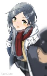 Rule 34 | 1boy, 1girl, admiral (kancolle), bag, black hair, black hat, black pantyhose, black skirt, blurry, blush, breath, brown eyes, coat, depth of field, from side, gloves, grey scarf, hair ornament, hairclip, hand up, hat, hood, hood down, kantai collection, kuroshio (kancolle), looking at viewer, looking to the side, open mouth, pantyhose, patting, pleated skirt, red scarf, scarf, short hair, shoulder bag, simple background, skirt, snowflake hair ornament, solo focus, twitter username, white background, white coat, white gloves, yamashichi (mtseven)