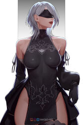 Rule 34 | 10h (nier reincarnation), 1girl, bare shoulders, black blindfold, black gloves, blindfold, breasts, closed mouth, clothing cutout, detached sleeves, gloves, highres, inhoso, medium hair, nier (series), nier reincarnation, parted lips, pelvic curtain, puffy sleeves, side cutout, solo, sword, weapon, white background, white hair
