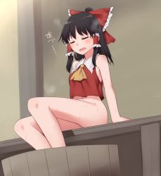 Rule 34 | 1girl, ascot, bare arms, bare shoulders, basin, black hair, bottomless, bow, closed eyes, commentary request, frilled bow, frilled shirt collar, frills, hair bow, hair tubes, hakurei reimu, highres, hot, legs, long hair, miyo (ranthath), navel, no bra, open mouth, red bow, red shirt, shirt, sitting, sleeveless, sleeveless shirt, solo, sweat, thighs, touhou, yellow ascot