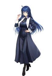 Rule 34 | 1girl, absurdres, ahoge, alternate hair length, alternate hairstyle, black dress, black footwear, blue-framed eyewear, blue eyes, blue hair, boots, breasts, ciel (tsukihime), closed mouth, commentary request, cross, cross necklace, dress, full body, glasses, habit, hair between eyes, hand on own hip, high heel boots, high heels, highres, jewelry, large breasts, latin cross, long hair, long sleeves, looking at viewer, mixed-language commentary, necklace, nun, removing eyewear, smile, solo, standing, tachi-e, tk31, transparent background, tsukihime, tsukihime (remake)