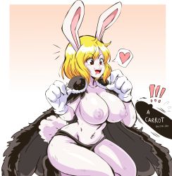 Rule 34 | !, !!, 1girl, alternate breast size, animal nose, blank censor, body fur, breasts, carrot (one piece), censored, cleavage, drooling, english text, erection, furry, furry female, furry with non-furry, heart, highres, huge breasts, interspecies, large breasts, lewdamone, long hair, mouth drool, nipples, official alternate costume, one piece, penis, penis awe, rabbit, rabbit girl, rabbit tail, silver hair, smile, spoken heart, tail, topless