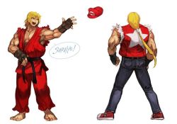 Rule 34 | 2boys, bare shoulders, baseball cap, belt, black belt, blonde hair, capcom, capcom vs snk, cosplay, crossover, denim, dougi, fatal fury, fingerless gloves, from behind, full body, gloves, hat, hungry clicker, jeans, ken masters, long hair, looking at another, male focus, mario, mario (cosplay), mario hat, martial arts belt, multiple boys, muscular, nintendo, open mouth, pants, parody, ponytail, shoes, simple background, smile, sneakers, snk, star (symbol), street fighter, super smash bros., terry bogard, the king of fighters, throwing, throwing hat, vest, white background
