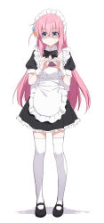 Rule 34 | 1girl, absurdres, apron, black dress, blue eyes, blush, bocchi the rock!, bow, closed mouth, commentary request, cube hair ornament, dress, frills, gloom (expression), gotoh hitori, hair between eyes, hair ornament, heart, heart hands, highres, long hair, looking away, looking to the side, maid, maid apron, maid headdress, mary janes, one side up, pink hair, pleated dress, pn (wnsl216), puffy short sleeves, puffy sleeves, shaded face, shoes, short dress, short sleeves, solo, sweat, sweatdrop, thighhighs, white thighhighs, zettai ryouiki