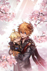 Rule 34 | 2boys, aether (genshin impact), ahoge, black gloves, blonde hair, blue eyes, braid, carrying, cherry blossoms, chibi, closed eyes, day, earrings, genshin impact, gloves, hair between eyes, jacket, jewelry, long hair, long sleeves, male focus, mask, mask on head, mini person, miniboy, multiple boys, no mouth, open mouth, outdoors, petals, qi2341, red scarf, scarf, single braid, single earring, tartaglia (genshin impact), twitter username