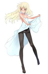 Rule 34 | 1girl, aohashi ame, blonde hair, blush, closed mouth, commentary, covered navel, dress, full body, glasses, highres, long hair, looking to the side, medium dress, no shoes, orange eyes, pantyhose, perrine h. clostermann, simple background, skirt hold, smile, solo, standing, strapless, strapless dress, strike witches, thighband pantyhose, white background, white dress, world witches series