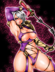 Rule 34 | 1041 (toshikazu), 1girl, armpits, blue eyes, breasts, cleavage, curvy, gauntlets, isabella valentine, large breasts, nipple slip, nipples, revealing clothes, short hair, silver hair, solo, soul calibur, soulcalibur, soulcalibur iv, sword, thick thighs, thighs, weapon, whip, whip sword