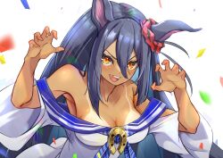 Rule 34 | 1girl, absurdres, animal ears, armpits, bare shoulders, black hair, breasts, claw pose, cleavage, commentary request, confetti, dark-skinned female, dark skin, ear scrunchie, fang, hair between eyes, hair ornament, hairclip, highres, hishi amazon (umamusume), horse ears, horse girl, horseshoe ornament, kurokawa heuy, large breasts, long hair, looking at viewer, no bra, off-shoulder shirt, off shoulder, red eyes, shirt, simple background, smile, solo, tan, tanline, teeth, umamusume, upper body, upper teeth only, white background