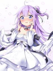 Rule 34 | 1girl, ahoge, azur lane, bare shoulders, blue eyes, blunt bangs, blush, bow, breasts, choker, cleavage, collarbone, commentary request, detached sleeves, dress, ebino mayo, embarrassed, flower, hair between eyes, hair bow, hair bun, hair flower, hair ornament, hair ribbon, highres, jewelry, long hair, looking at viewer, one side up, parted lips, puffy detached sleeves, puffy sleeves, purple hair, ribbon, ring, side bun, sidelocks, single hair bun, single side bun, solo, strapless, strapless dress, unicorn (a dream of pure vows) (azur lane), unicorn (azur lane), wedding band, wedding dress, white background, white dress