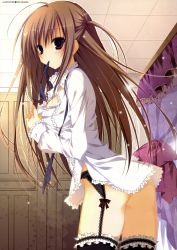 Rule 34 | 1girl, absurdres, ass, bed, brown hair, canopy bed, frills, garter belt, hair ribbon, highres, inugami kira, lace, lace-trimmed legwear, lace trim, mouth hold, no panties, purple eyes, ribbon, solo, thighhighs, undressing