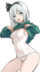 Rule 34 | 1girl, :d, absurdres, amisu, black hairband, breasts, clothes lift, commentary request, covered navel, green eyes, grey hair, groin, hairband, highres, konpaku youmu, lifted by self, long sleeves, looking at viewer, medium breasts, one-hour drawing challenge, one-piece swimsuit, open mouth, short hair, simple background, smile, solo, swimsuit, touhou, white background, white one-piece swimsuit