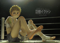 Rule 34 | 1boy, bandages, bandaid, bandaid on face, bandaid on nose, barefoot, beitemian, blonde hair, boxing ring, brown eyes, feet, full body, highres, looking at viewer, male focus, ooki ikutoshi, shade, soles, solo, thick eyebrows, toes, tokyo houkago summoners