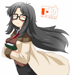 Rule 34 | 00s, 1girl, ^ ^, artist name, black hair, blush, blush stickers, book, breasts, closed eyes, coat, dated, glasses, happy, inaka keikou, large breasts, long hair, r.o.d the tv, read or die, simple background, smile, solo, white background, yomiko readman