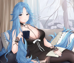 Rule 34 | 1girl, absurdly long hair, ae030, azur lane, babydoll, bad id, bad pixiv id, bare shoulders, black babydoll, black camisole, black choker, black nightgown, black thighhighs, blue eyes, blue hair, blue nails, book, breasts, camisole, choker, cleavage, cup, garter straps, highres, holding, holding cup, indoors, lace, lace-trimmed collar, lace-trimmed legwear, lace trim, large breasts, long hair, looking at viewer, nail polish, nightgown, official alternate costume, open book, sitting, sleepwear, sovetskaya belorussiya (azur lane), sovetskaya belorussiya (relaxation stratagem) (azur lane), thighhighs, tree, very long hair, winter