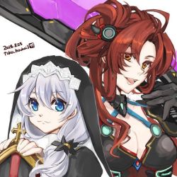 Rule 34 | 2018, 2girls, :3, :d, artist name, artist request, black dress, blue eyes, bodysuit, breasts, cleavage, closed mouth, cross (weapon), dress, holding, holding sword, holding weapon, honkai (series), honkai impact 3rd, long hair, long sleeves, looking at viewer, multiple girls, murata himeko, murata himeko (scarlet fusion), nun, open mouth, red bodysuit, simple background, sketch, smile, source request, sword, theresa apocalypse, theresa apocalypse (valkyrie pledge), veil, weapon, white background, white hair, yellow eyes