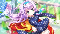 Rule 34 | 1girl, ahoge, blue bow, blue hairband, blue kimono, blue ribbon, bow, breasts, closed mouth, day, dot nose, film grain, floral print, floral print kimono, from above, from side, game cg, grass, green eyes, hair bow, hair intakes, hair ribbon, hairband, hokaze kanade, izumi tsubasu, japanese clothes, kimono, leaf, lens flare, long hair, looking at viewer, medium breasts, non-circular lens flare, non-web source, obi, official art, outdoors, print kimono, purple hair, railing, re:stage!, red skirt, ribbon, sash, screen, skirt, smile, solo, sparkle, stage, stage lights, sunlight