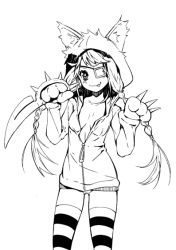 Rule 34 | 1girl, :p, animal hands, animal hood, blush, braid, breasts, cleavage, eyepatch, genderswap, genderswap (mtf), greyscale, hood, hoodie, league of legends, long hair, monochrome, no bra, no pants, panties, personification, rengar, reverse grip, short sword, small breasts, solo, spikes, striped clothes, striped thighhighs, sword, taku, thighhighs, tongue, tongue out, twin braids, underwear, unzipped, weapon, yukisaki miale