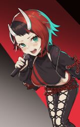 Rule 34 | 1girl, absurdres, asymmetrical horns, black hair, black jacket, black pants, black sports bra, blue eyes, breasts, chain, commentary request, cropped jacket, cross-laced pants, demon girl, demon horns, feet out of frame, gradient background, grey background, highres, holding, holding microphone, horns, jacket, kyousei leica, large breasts, long sleeves, looking at viewer, microphone, midriff, multicolored hair, nanashi inc., open clothes, open jacket, open mouth, pants, red background, red hair, red sports bra, ryugasaki rene, ryugasaki rene (1st costume), short bangs, short hair, solo, sports bra, two-tone hair, two-tone sports bra, uneven horns, unzipped, virtual youtuber, white horns