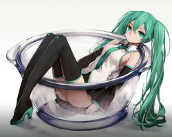 Rule 34 | 1girl, boots, breasts, detached sleeves, green eyes, green hair, hatsune miku, high heels, in container, long hair, looking at viewer, matching hair/eyes, mini person, minigirl, necktie, revision, sitting, skirt, small breasts, solo, thigh boots, thighhighs, twintails, very long hair, vocaloid, zen33n
