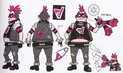 Rule 34 | 1boy, black footwear, boots, collar, concept art, creatures (company), facepaint, game freak, grey hair, grey pants, hand on own hip, hand up, holding, looking at viewer, male focus, mohawk, multicolored hair, multiple views, navel, nintendo, official art, pants, pink hair, pokemon, pokemon swsh, scan, team yell, team yell grunt, teeth, translation request, two-tone hair