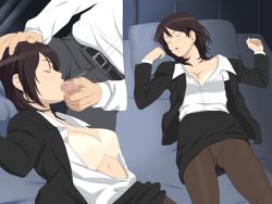 Rule 34 | 1girl, amagami, bed, belt, black hair, bra, breasts, censored, cottage, closed eyes, fellatio, hand on head, highres, lying, open clothes, open mouth, open shirt, oral, panties, pantyhose, penis, shirt, short hair, skirt, sleeping, takahashi maya, teacher, teacher and student, unbuttoned, unconscious, underwear, upskirt