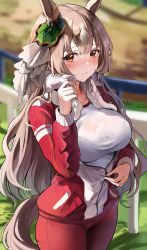 Rule 34 | 1girl, absurdres, animal ears, blouse, blurry, blurry background, blush, breasts, brown hair, commentary request, cowboy shot, hand up, highres, holding, holding towel, horse ears, horse girl, horse tail, huge filesize, jacket, large breasts, long hair, long sleeves, looking at viewer, outdoors, pants, parted lips, partially unzipped, red eyes, red jacket, red pants, sak (lemondisk), satono diamond (umamusume), see-through, see-through shirt, shirt, smile, solo, standing, sweat, tail, towel, towel around neck, track jacket, track pants, track suit, umamusume, unzipping, very long hair, white shirt, white towel