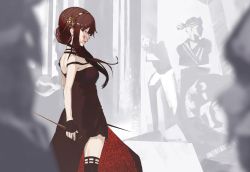 Rule 34 | 1girl, absurdres, bad id, bad pixiv id, bare arms, black dress, black gloves, black thighhighs, blood, blood on face, blurry, blurry foreground, breasts, brown hair, closed mouth, commentary, cowboy shot, dagger, dress, fingerless gloves, from behind, gloves, hairband, highres, holding, holding dagger, holding knife, holding weapon, knife, looking at viewer, medium breasts, nicporim, profile, red eyes, short hair with long locks, solo, spy x family, statue, strapless, strapless dress, thighhighs, two-sided dress, two-sided fabric, weapon, yor briar