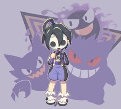 Rule 34 | 1boy, ahoge, allister (pokemon), black hair, clenched hands, collared shirt, commentary request, creatures (company), game freak, gastly, gen 1 pokemon, gengar, gloves, hands up, haunter, male focus, mask, nintendo, pokemon, pokemon (creature), pokemon swsh, shirt, shoes, short hair, shorts, side slit, side slit shorts, single glove, socks, standing, suspenders, white footwear, white socks, wusagi2