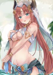Rule 34 | 1girl, aqua bow, aqua eyes, aqua sarong, arabian clothes, armlet, bare shoulders, black horns, blue gemstone, blurry, bow, breasts, commentary, crop top, dancer, depth of field, fake horns, gem, genshin impact, gold trim, hand on own chest, highres, horns, low twintails, maruro, medium breasts, navel, nilou (genshin impact), open mouth, parted bangs, red hair, sarong, smile, solo, twintails, underboob, upper body, veil, white headwear