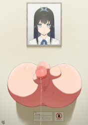 Rule 34 | 1girl, absurdres, anus, ass, black hair, blue eyes, censored, drawing (object), flaccid, futanari, glory wall, hair ribbon, highres, kanjukutomato11, penis, picture frame, precum, precum string, public use, pussy, ribbon, shirt, sign, solo, testicles, through wall, tucked penis