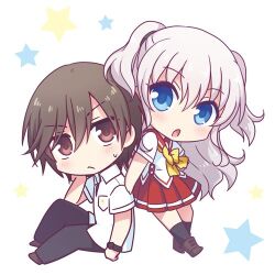 Rule 34 | 1boy, 1girl, :o, black pants, blue eyes, blush, bow, brown eyes, brown hair, charlotte (anime), chibi, chibi only, closed mouth, commentary, frown, grey hair, homurahara academy school uniform, kousetsu, long hair, looking at viewer, lowres, miniskirt, open mouth, otosaka yuu, pants, pleated skirt, red sailor collar, red skirt, sailor collar, school uniform, serafuku, shirt, short hair, short sleeves, simple background, sitting, skirt, standing, star (symbol), tomori nao, two side up, wavy hair, white background, white shirt, yellow bow