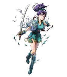 Rule 34 | 1girl, blue hair, boots, dress, fingerless gloves, fir (fire emblem), fire emblem, fire emblem: the binding blade, fire emblem heroes, full body, gloves, hair ribbon, hair tie, highres, holding, holding weapon, injury, kaya8, knee boots, long hair, nintendo, official art, ponytail, purple eyes, ribbon, ryona, short dress, short sleeves, solo, sword, torn clothes, transparent background, weapon