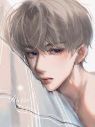 Rule 34 | 1boy, absurdres, bare shoulders, blanket, blue eyes, blunt bangs, blush, closed mouth, eyelashes, grey hair, highres, lips, looking at viewer, love and deepspace, lying, male focus, on back, short hair, solo, xavier (love and deepspace), xinjinjumin281198304597