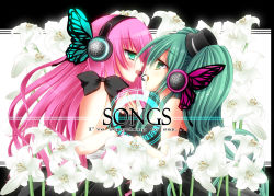 Rule 34 | 2girls, bad id, bad pixiv id, blush, bug, butterfly, eye contact, face-to-face, fingerless gloves, flower, gloves, green eyes, green hair, hat, hatsune miku, headphones, headset, bug, lilies, long hair, looking at another, magnet (vocaloid), megurine luka, mini hat, mini top hat, multiple girls, open mouth, pink hair, rokudou itsuki, top hat, vocaloid, wreathlit69, yuri
