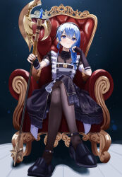 Rule 34 | 1girl, absurdres, apron, asakura (asa t77), bardiche (weapon), beret, black dress, black footwear, black gloves, black hat, black pantyhose, blue eyes, blue hair, blush, braid, buttons, chest belt, closed mouth, collared dress, commentary request, crossed legs, double-breasted, double-parted bangs, dress, elbow gloves, fingerless gloves, foreshortening, full body, gloves, grey apron, hair between eyes, hair over shoulder, hand on own cheek, hand on own face, hat, head rest, highres, holding, holding weapon, hololive, hoshimachi suisei, hoshimachi suisei (maid), long hair, looking at viewer, maid, official alternate costume, official alternate hairstyle, pantyhose, polearm, puffy short sleeves, puffy sleeves, see-through, see-through sleeves, short sleeves, side braid, side slit, single braid, sitting, solo, star (symbol), star in eye, strappy heels, symbol in eye, throne, virtual youtuber, weapon