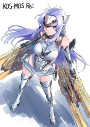 Rule 34 | 1girl, android, bare shoulders, blue hair, breasts, elbow gloves, expressionless, forehead protector, gloves, highres, kos-mos, kos-mos re:, large breasts, leotard, long hair, looking at viewer, nintendo, red eyes, simple background, solo, thighhighs, very long hair, white background, white leotard, xenoblade chronicles (series), xenoblade chronicles 2, xenoblade chronicles (series), xenoblade chronicles 2, xenosaga, yuuuun0218