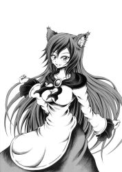 Rule 34 | 1girl, animal ears, breasts, brooch, dress, fang, fingernails, greyscale, hidefu kitayan, imaizumi kagerou, jewelry, layered dress, long hair, long sleeves, looking at viewer, monochrome, open mouth, sharp fingernails, simple background, solo, touhou, very long hair, wolf ears