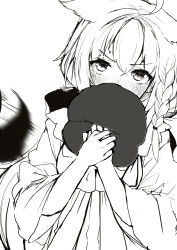 Rule 34 | 1girl, afterimage, ahoge, asymmetrical hair, blush, braid, commentary, covered mouth, dress, embarrassed, greyscale, hair between eyes, hat, unworn hat, unworn headwear, holding, holding clothes, holding hat, hololive, long hair, looking at viewer, lowres, monochrome, motion blur, motion lines, nejime, official alternate costume, shirakami fubuki, shirakami fubuki (street), side braid, simple background, single braid, solo, sweat, sweatdrop, tail, tail wagging, tsurime, upper body, virtual youtuber, white background