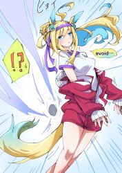 Rule 34 | !?, alternate costume, alternate hairstyle, animal ears, ball, blonde hair, blue eyes, commentary request, dodging, english text, headband, horse ears, horse girl, horse tail, jacket, looking at viewer, multicolored hair, neo universe (umamusume), nodachi (artist), open mouth, shirt, shorts, simple background, tail, tracen training uniform, track jacket, two-tone hair, umamusume, umamusume: party dash, white background