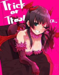 Rule 34 | 1girl, ass, black hair, blunt bangs, blush, breasts, cleavage, commentary request, couch, demon costume, demon girl, elbow gloves, english text, fur-lined gloves, gloves, green eyes, grin, halloween, halloween costume, head wings, highres, irokohaku, kneeling, large breasts, leaning forward, long hair, ok sign, on couch, one eye closed, saten ruiko, sidelocks, simple background, smile, solo, toaru kagaku no railgun, toaru majutsu no index, trick or treat, wings