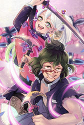 Rule 34 | 1boy, 1girl, :d, alternate universe, arms up, black nails, black skirt, blurry, boots, brother and sister, choker, daki (kimetsu no yaiba), demon slayer uniform, depth of field, dual wielding, eyelashes, facial scar, fighting stance, floral print, green eyes, green hair, grin, gyuutarou (kimetsu no yaiba), hair ornament, hair stick, haori, holding, holding scythe, holding sword, holding weapon, japanese clothes, kimetsu no yaiba, lace, lace legwear, light particles, long sleeves, looking at viewer, miniskirt, multicolored hair, nail polish, open clothes, open mouth, pleated skirt, ponytail, scar, scar on cheek, scar on face, scar on forehead, scar on nose, scythe, short hair, siblings, skirt, skirt set, smile, sword, sword writing, thighhighs, thighhighs under boots, torn clothes, torn sleeves, twitter username, unsheathed, weapon, white footwear, white hair, wide sleeves, yuki (yuki3243)