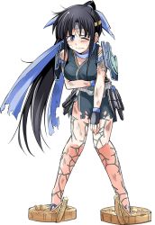 Rule 34 | 1girl, :d, artist request, black hair, blue eyes, blue ribbon, blush, breast lift, breasts, fingerless gloves, full body, gloves, hair ribbon, headband, long hair, looking at viewer, medium breasts, minakuchi (oshiro project), ninja, official art, one eye closed, open mouth, oshiro project:re, oshiro project:re, ponytail, ribbon, sleeveless, smile, solo, standing, torn clothes, torn hair ribbon, transparent background, very long hair, wavy mouth