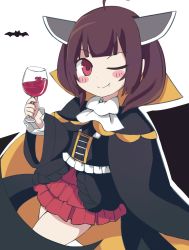 Rule 34 | 1girl, absurdres, bat (animal), black cloak, black dress, blunt bangs, blush stickers, brown hair, cloak, commentary, cowboy shot, cup, dress, drinking glass, fang, frilled skirt, frills, halloween, halloween costume, headgear, highres, holding, holding cup, looking at viewer, miniskirt, neckerchief, one eye closed, red eyes, red skirt, short hair, skirt, smile, solo, touhoku kiritan, vampire costume, voiceroid, white background, white neckerchief, wine glass, zerueru11