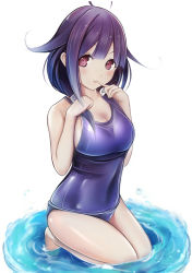 Rule 34 | 10s, 1girl, ahoge, kantai collection, long hair, nannacy7, old school swimsuit, one-piece swimsuit, purple eyes, purple hair, school swimsuit, simple background, smile, solo, swimsuit, taigei (kancolle)